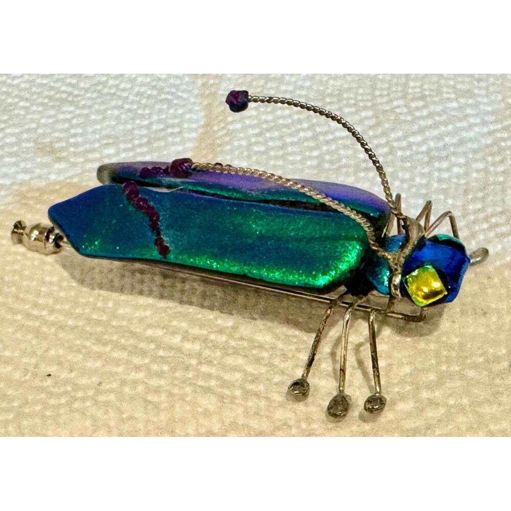 Exceptional Silver Artisan Dichroic Glass Blue Green Beautiful Bug 3”